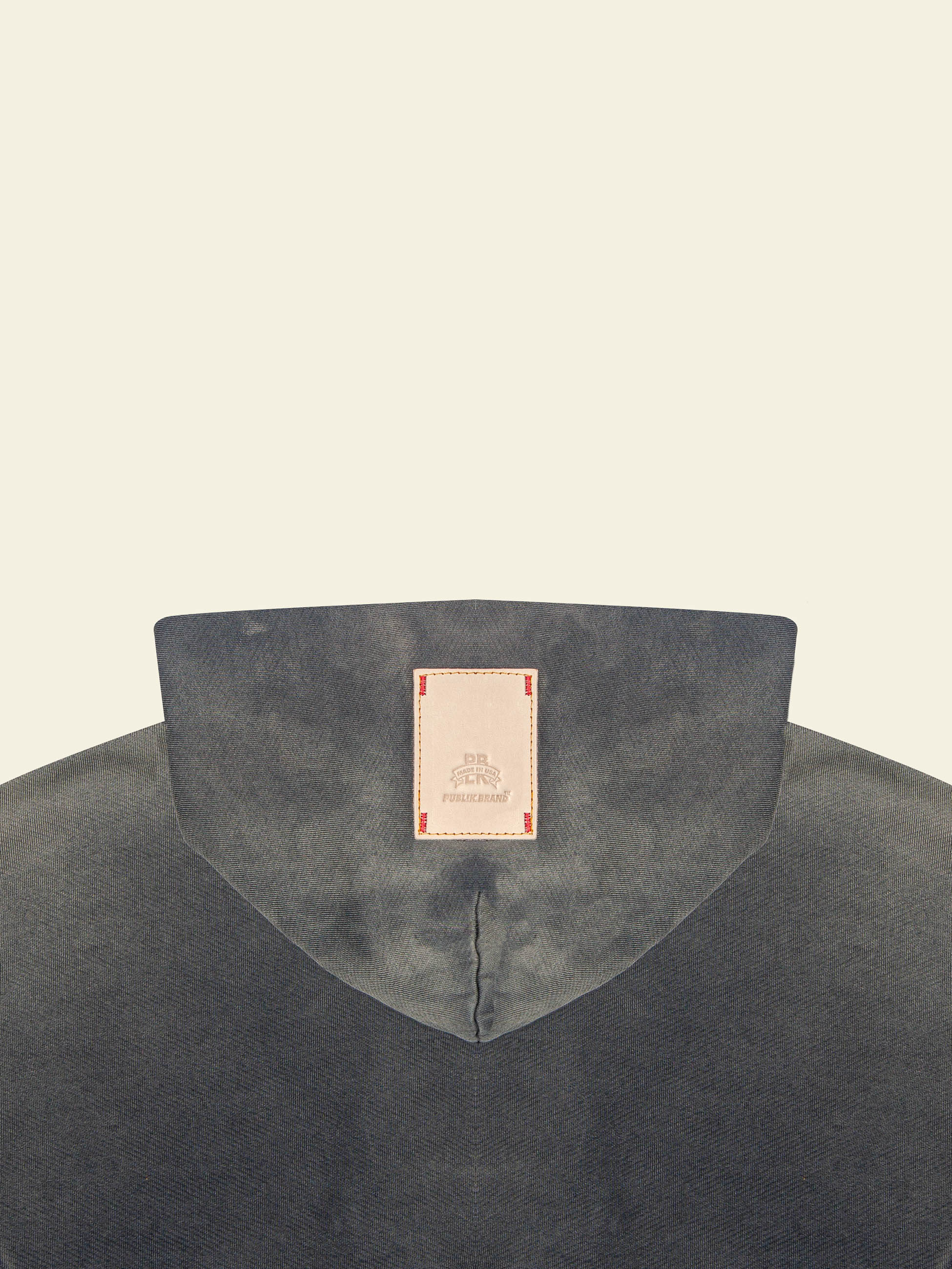 Publik Brand Single Layered Hoodie Anchor Gray Heavyweight Fleece, all made in USA, detail of back side