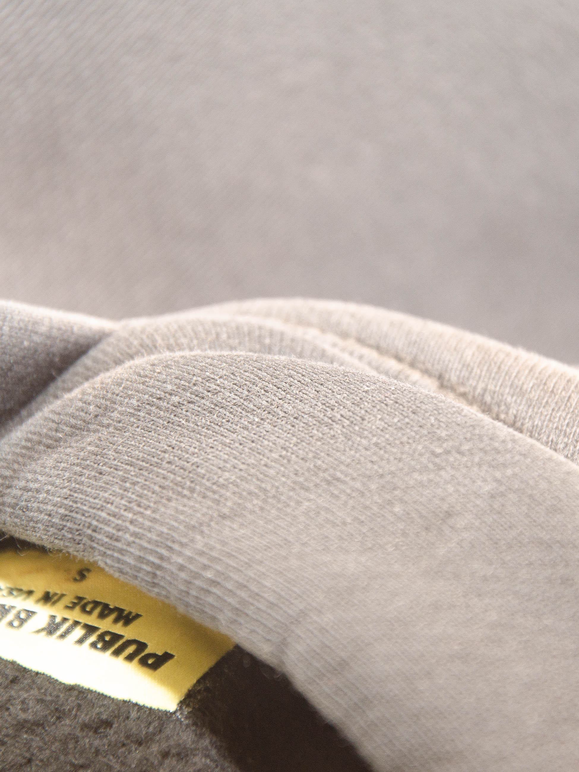 Publik Brand Single Layered Hoodie Ash Gray Heavyweight Fleece, all made in USA, size label, detail  of hood neckline