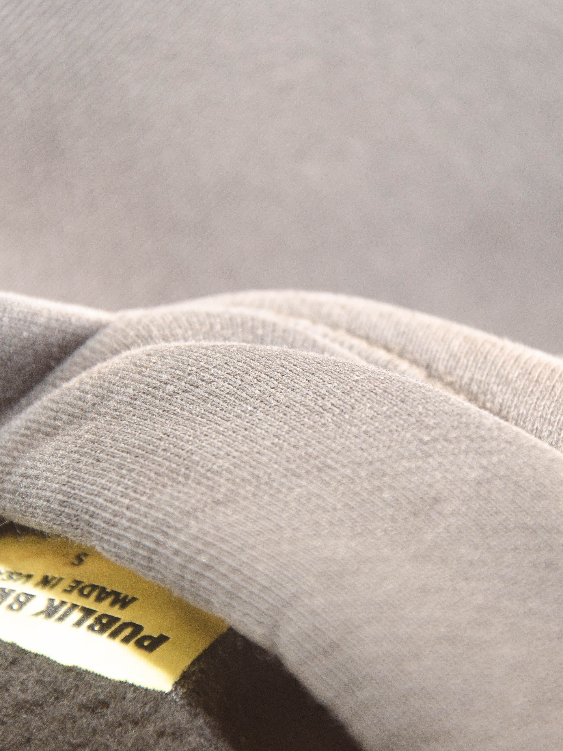 Publik Brand Single Layered Hoodie Ash Gray Heavyweight Fleece, all made in USA, size label, detail of hood neckline