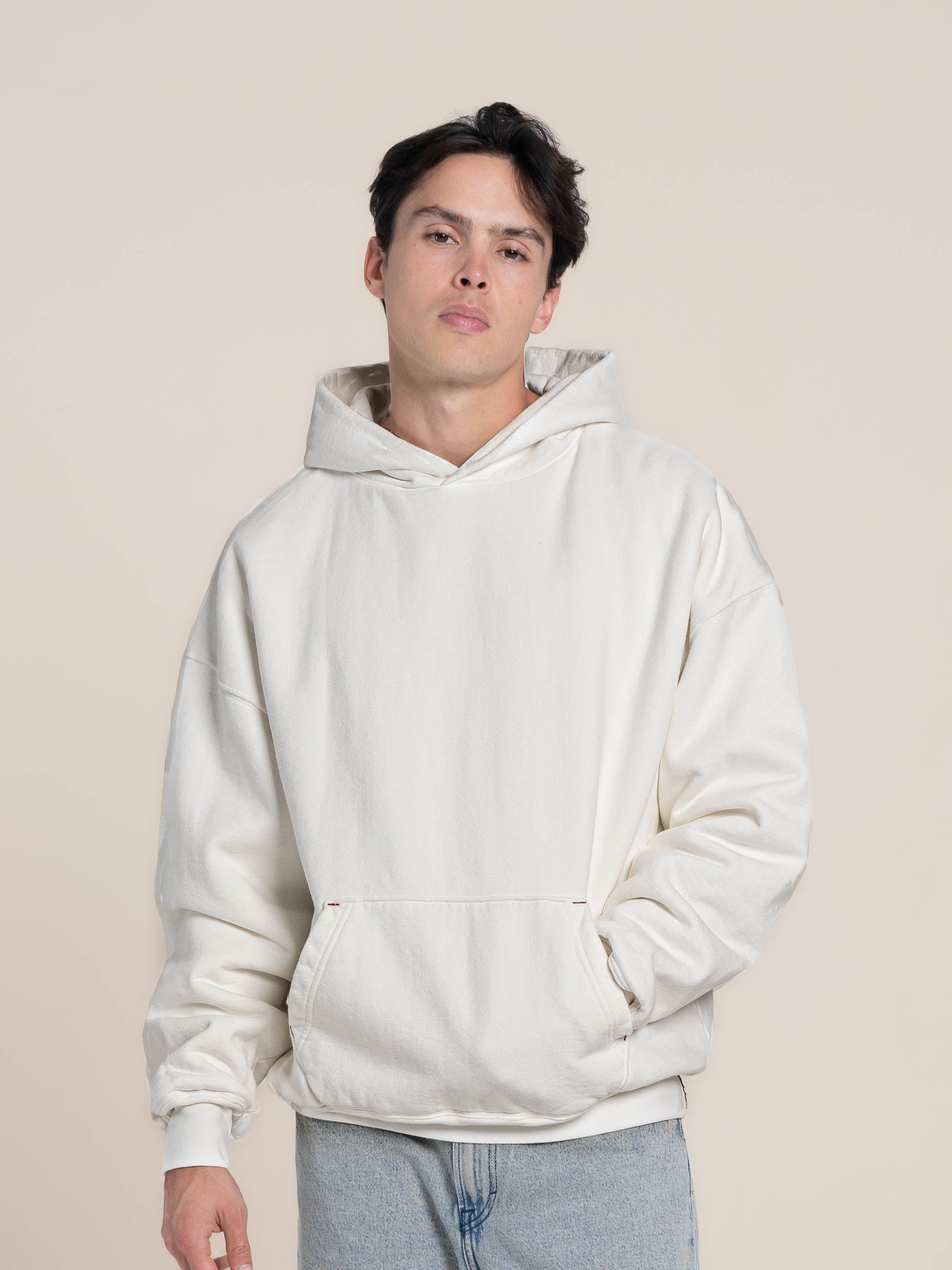 Male Model wears Publik Brand Double Layered Hoodie Acoustic White Heavyweight Fleece, all made in USA