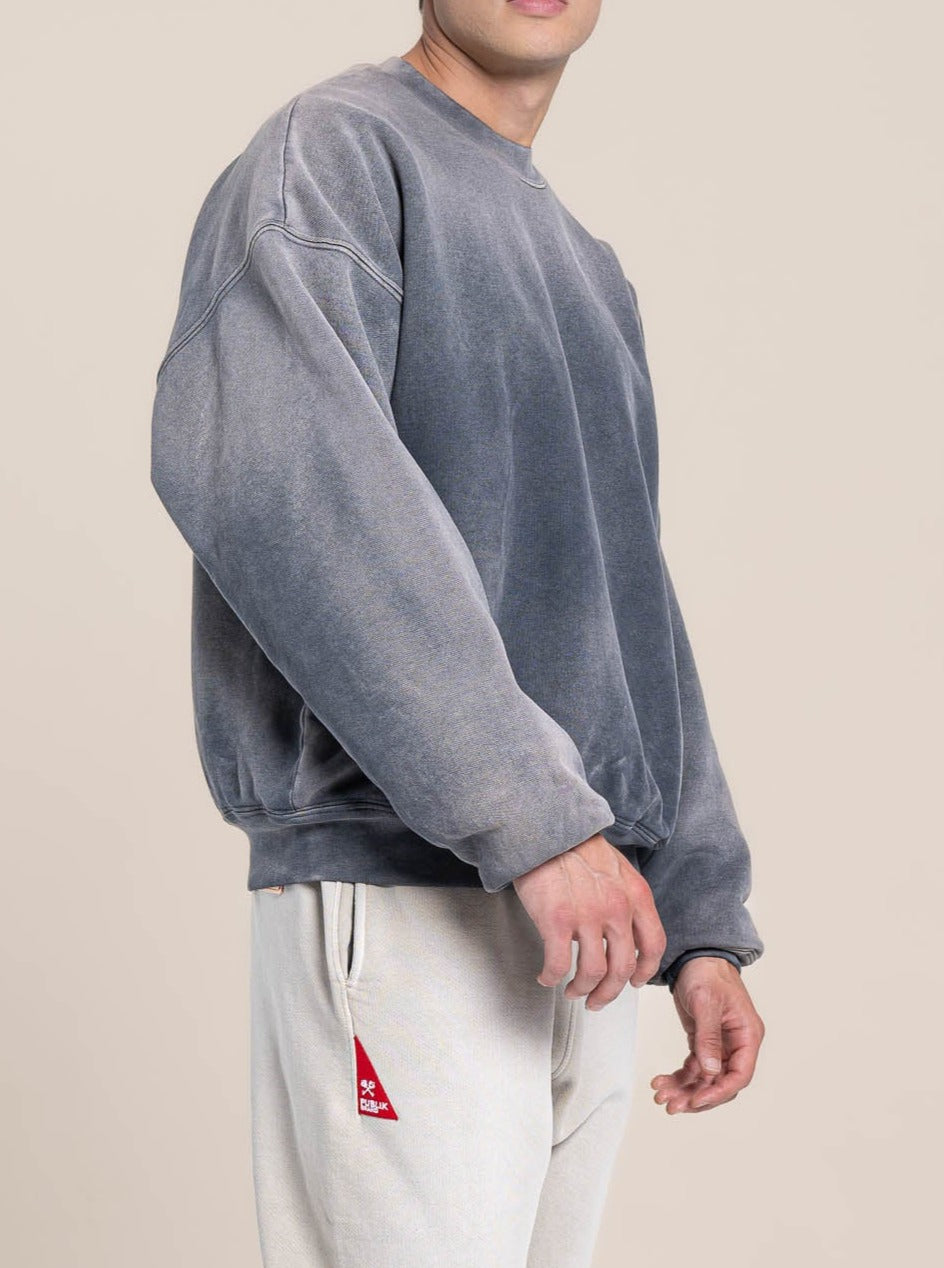 male model wears Publik Brand Double Layered Sweatshirt Crewneck Anchor Gray Heavyweight Fleece, all made in USA