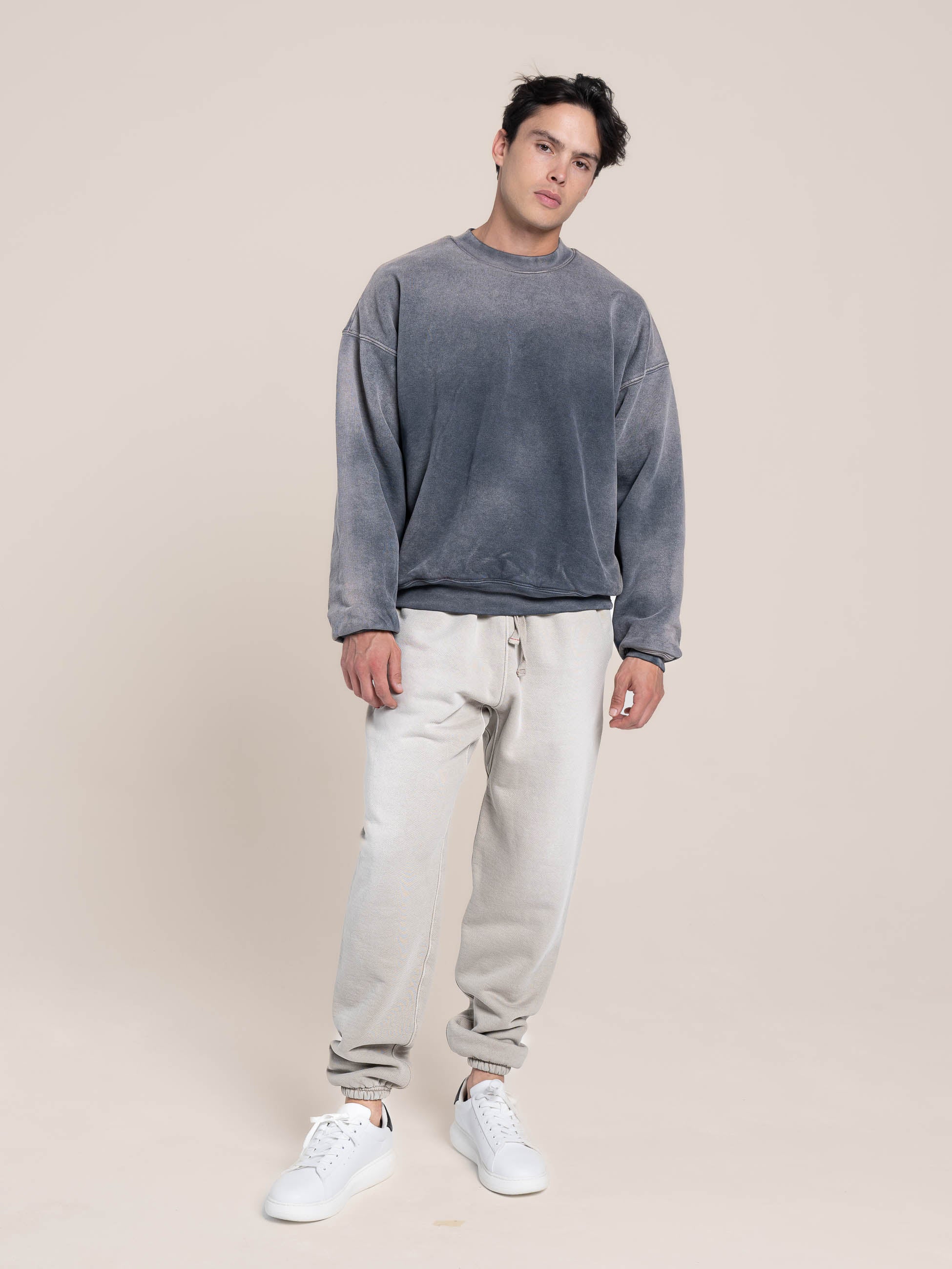 male model wears Publik Brand Double Layered Sweatshirt Crewneck Anchor Gray Heavyweight Fleece, all made in USA, front view