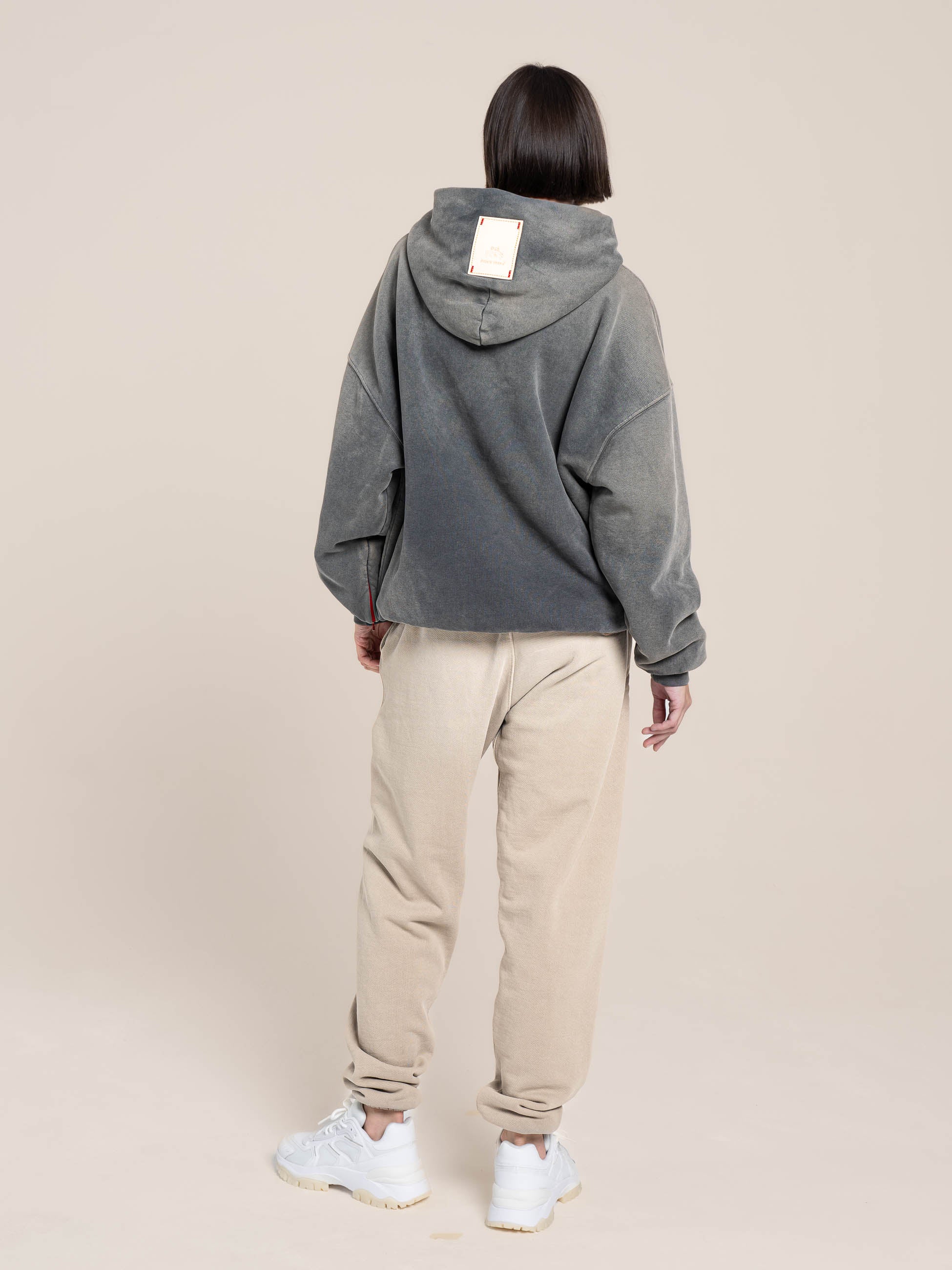 Female Model with the Grey Hoodie and Old Wood Sweatpants Luxury Made in USA