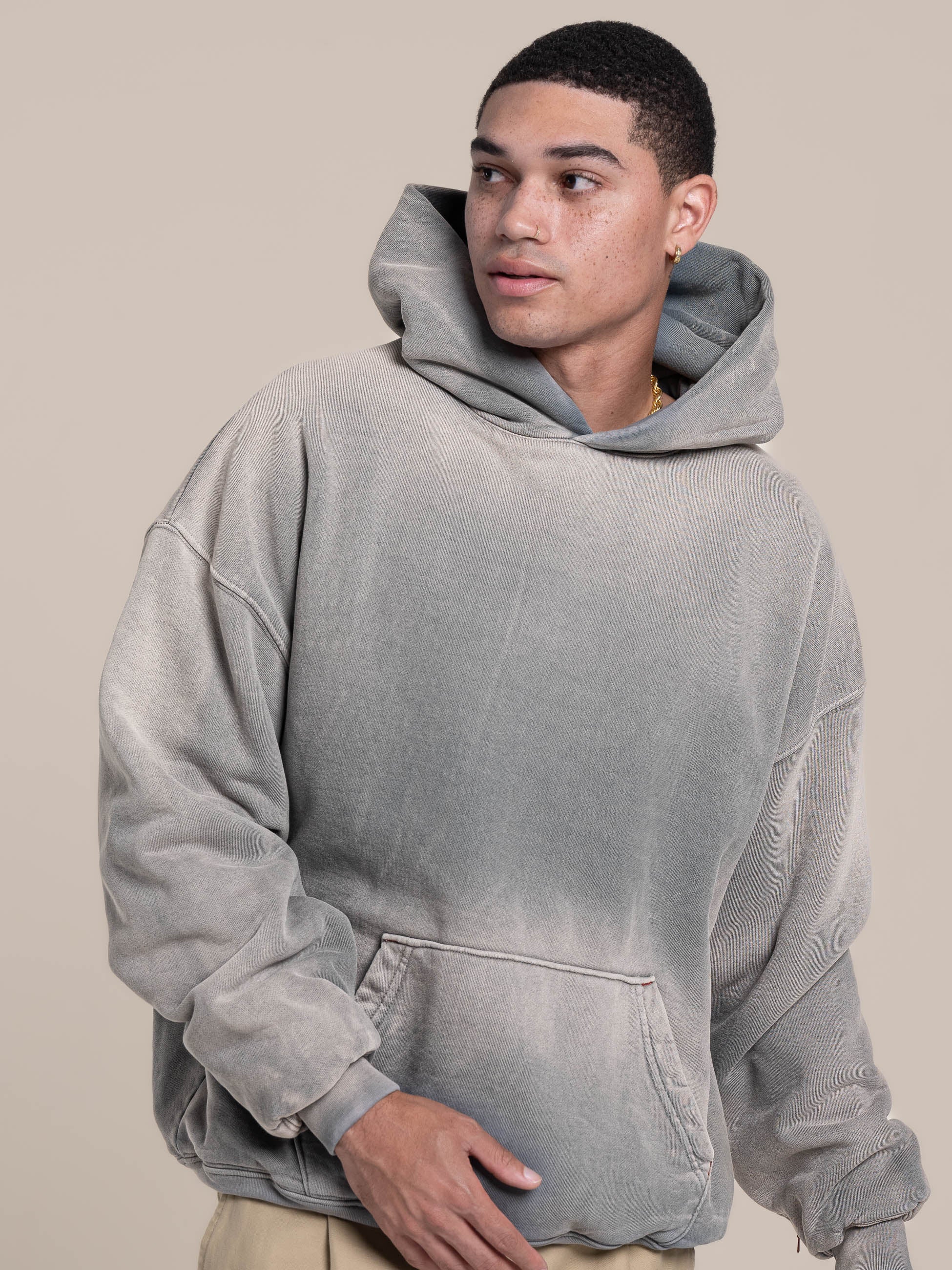 Male Model wears Publik Brand Double Layered Fleece Ash Blue Hoodie