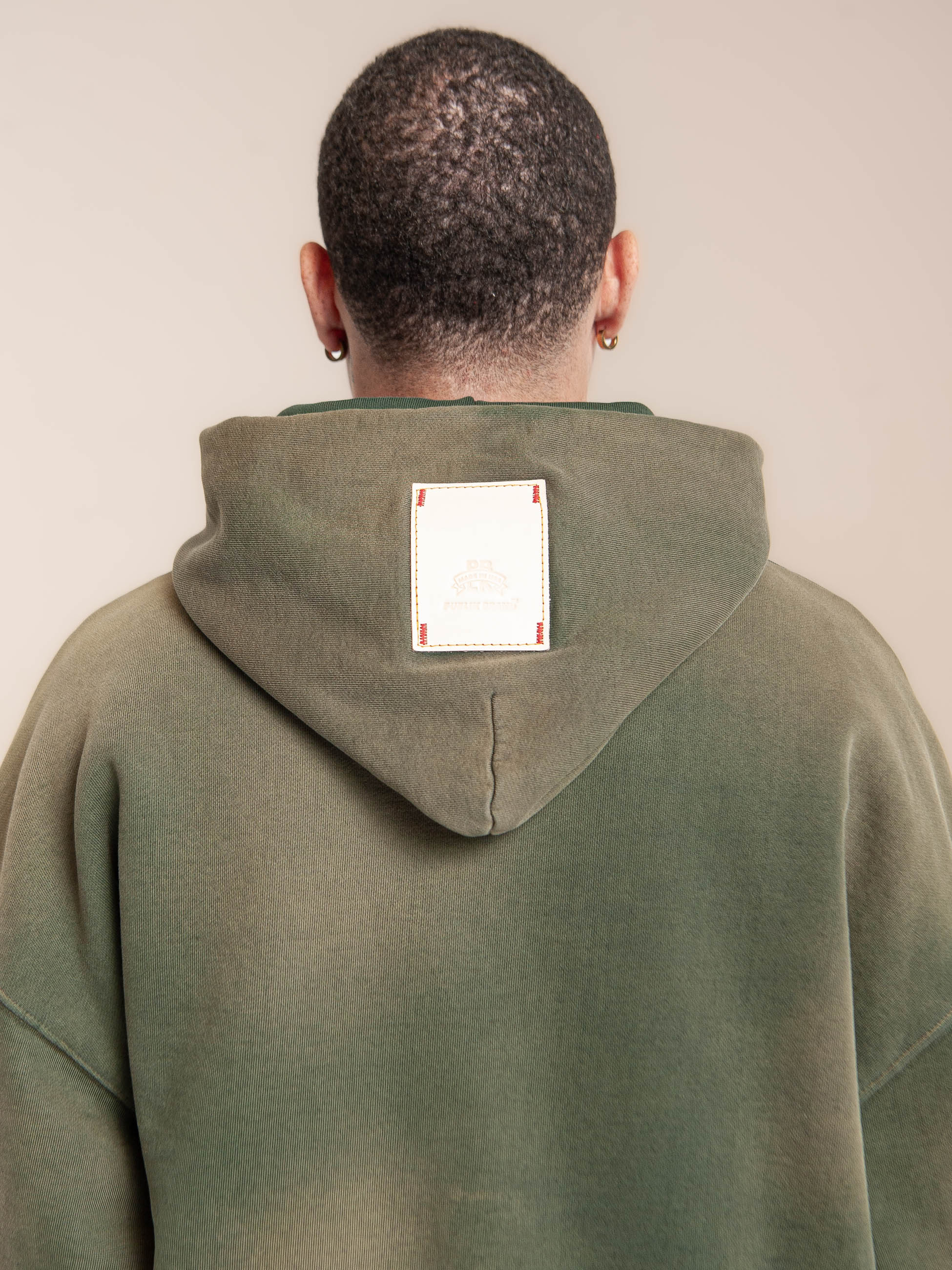 Publik Brand Double Layered Hoodie Reseda Green Heavyweight Fleece, all made in USA, back side view