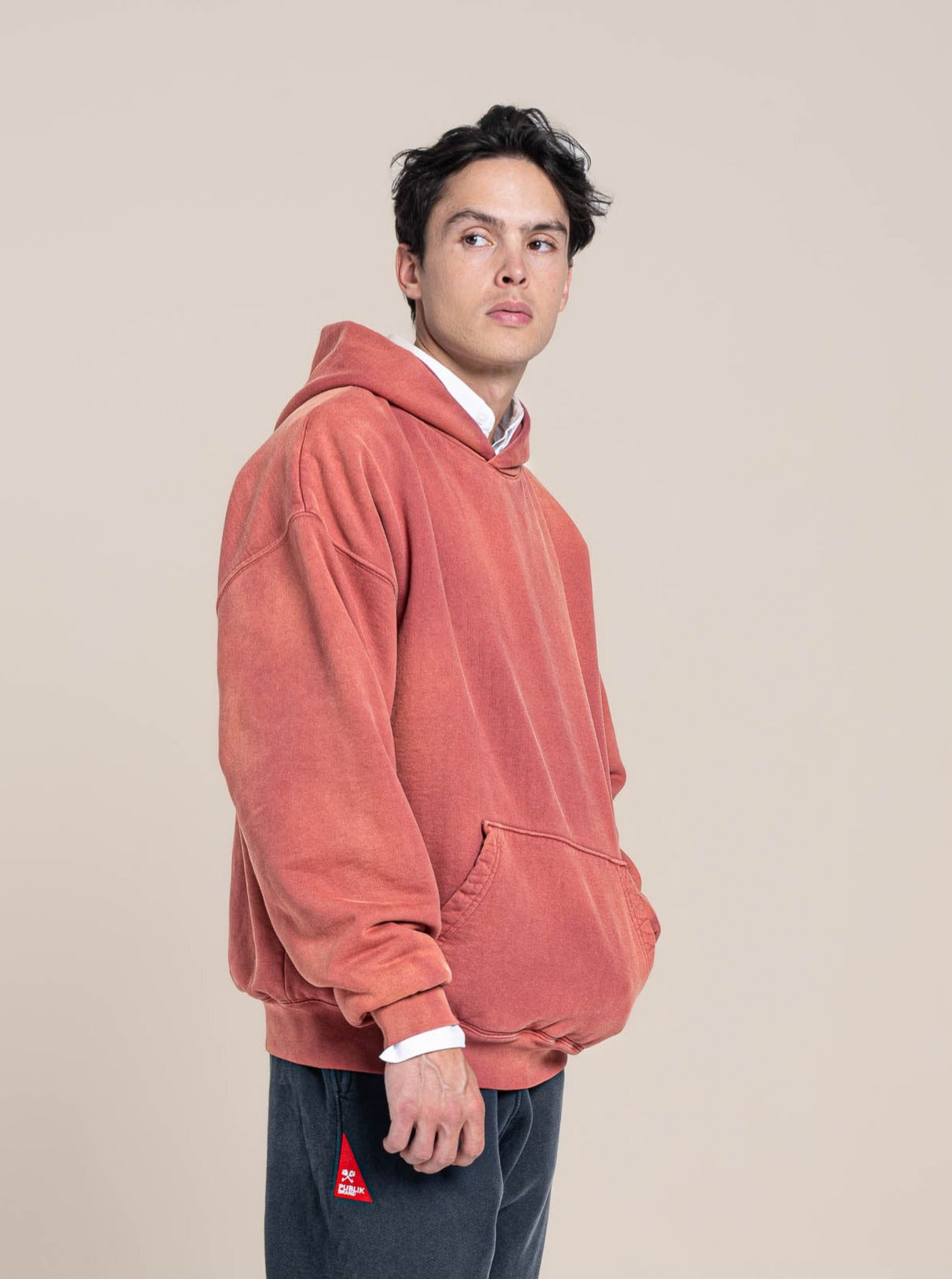 Publik Brand Double Layered Hoodie Tea Rose Red Heavyweight Fleece, all made in USA, Side view