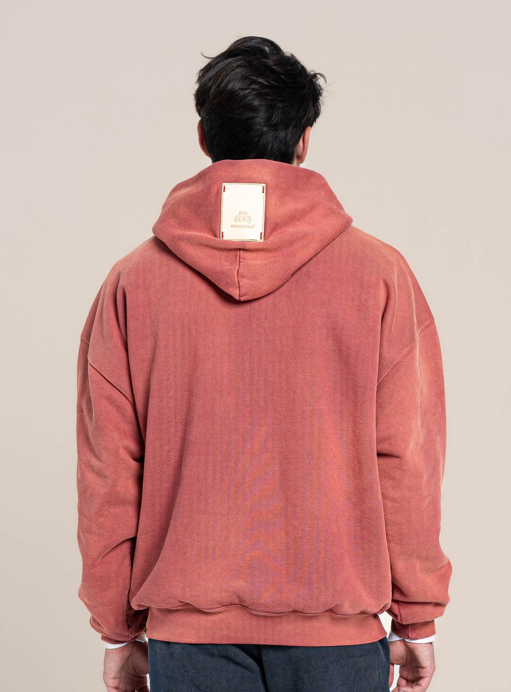 Publik Brand Double Layered Hoodie Tea Rose Red Heavyweight Fleece, all made in USA, back detail with the brand logo leather patch