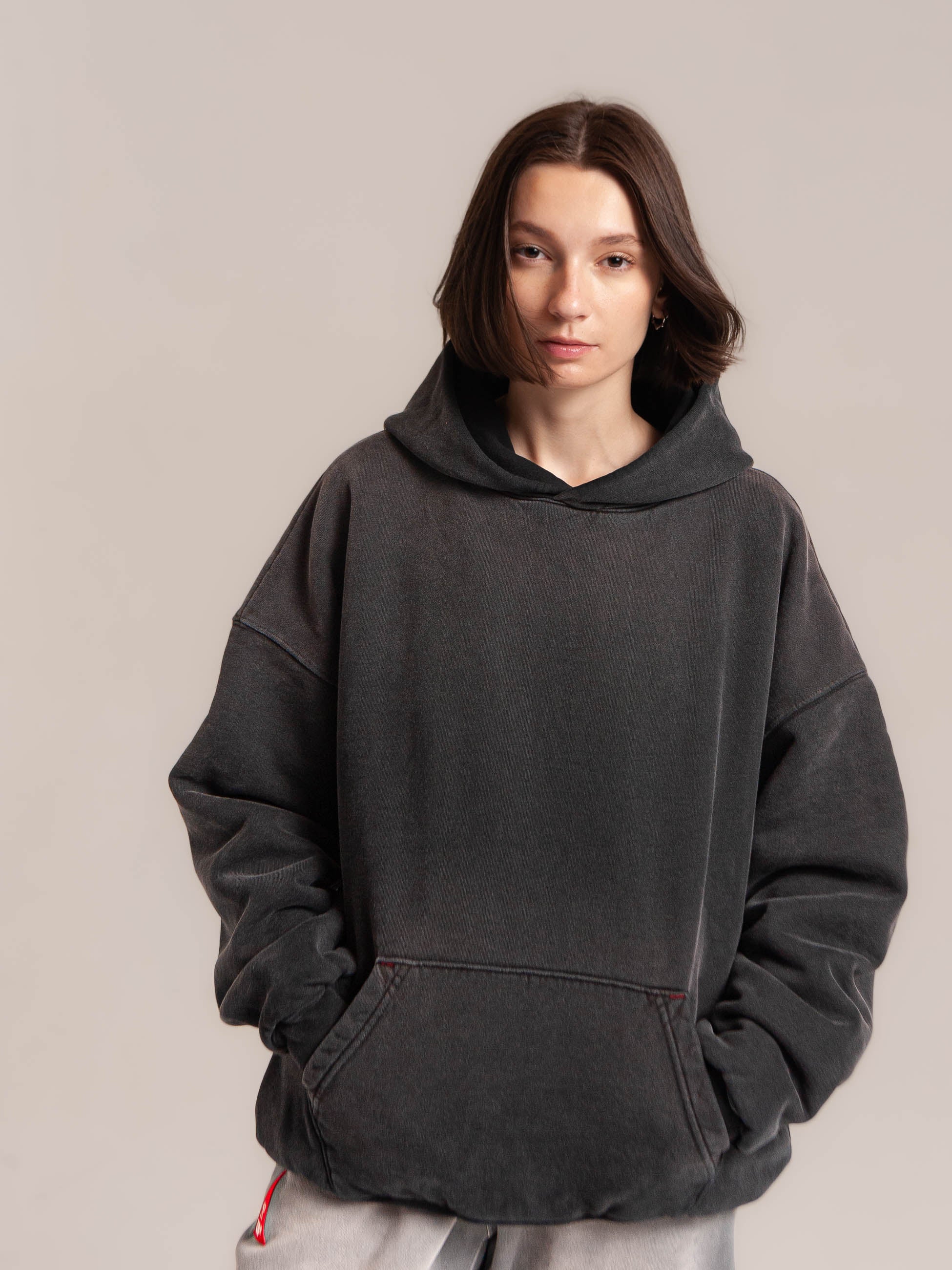 Publik Brand Double Layered Fleece Black Hoodie with Female Model Double Layered Fleece Black Hoodie Flat Luxury Made in USA
