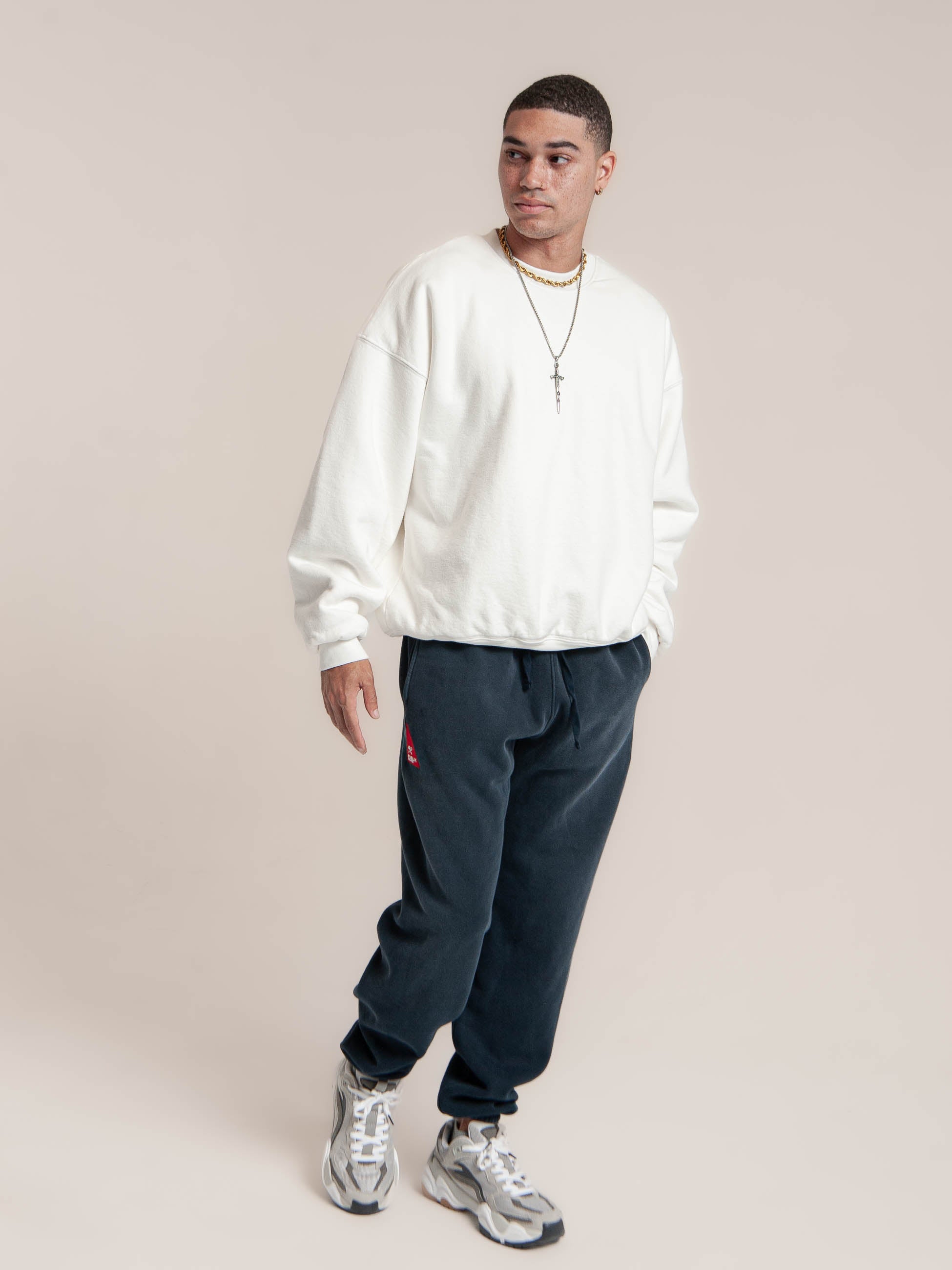 male model wears Publik Brand Double Layered Sweatshirt Crewneck Acoustic White Heavyweight Fleece, all made in USA