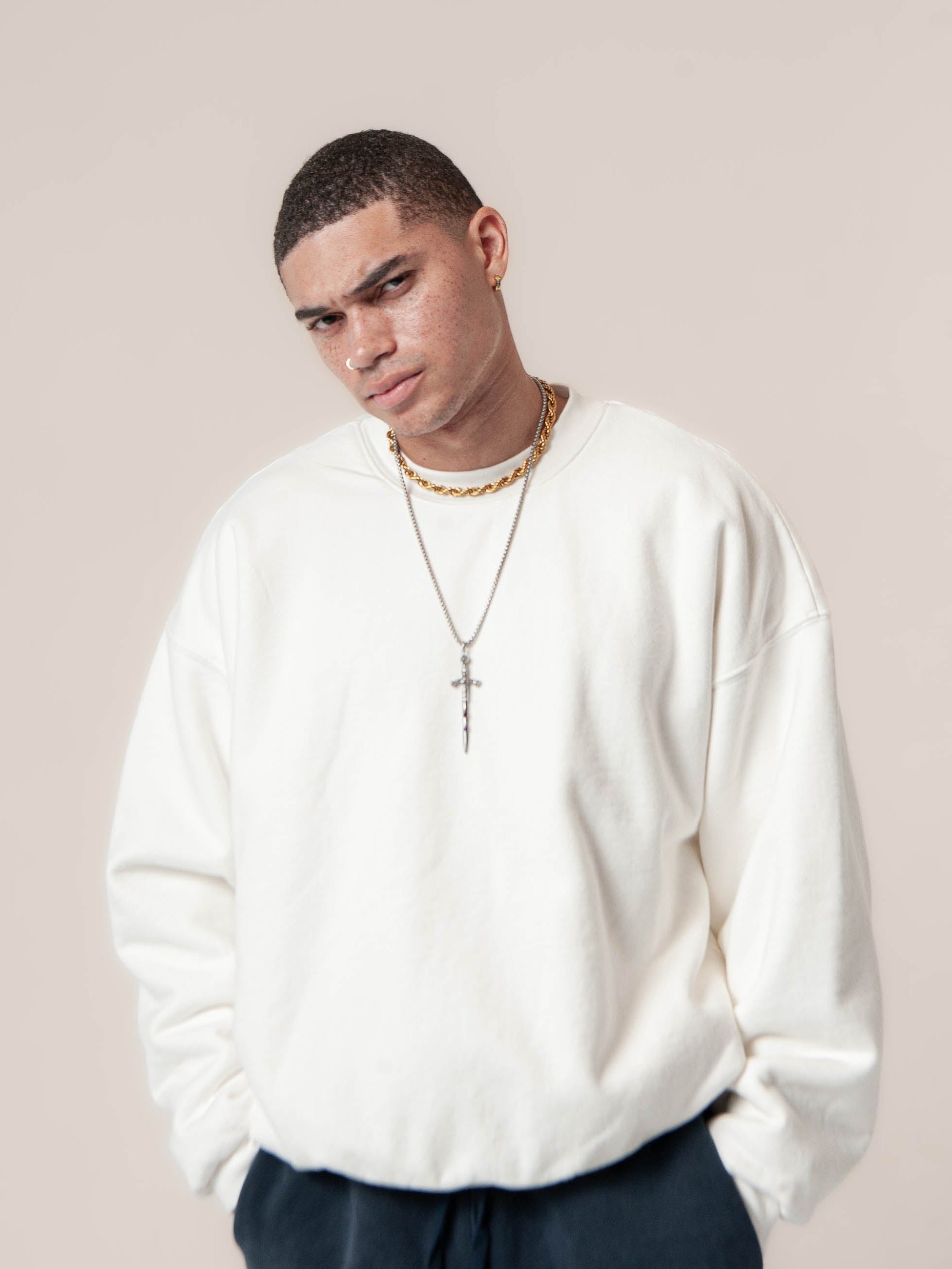 male model wears Publik Brand Double Layered Sweatshirt Crewneck Acoustic White Heavyweight Fleece, all made in USA