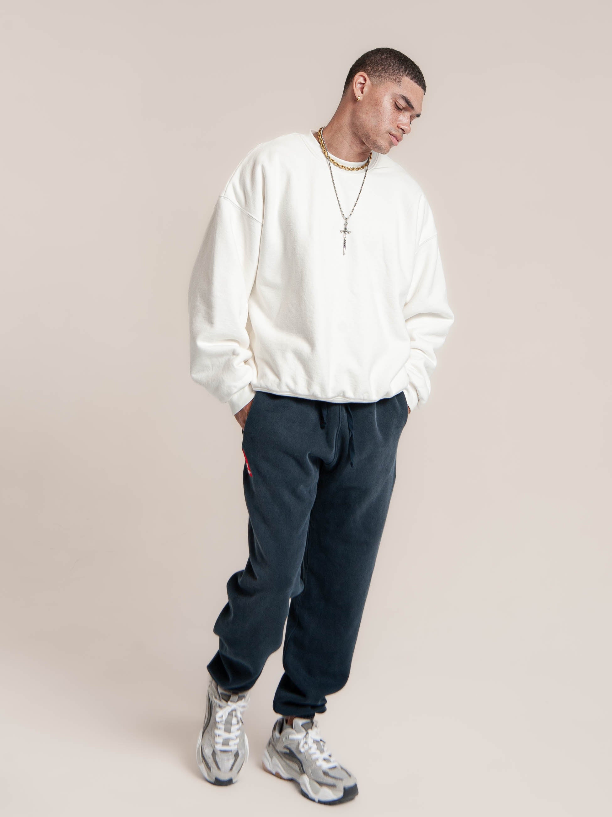 male model wears Publik Brand Double Layered Sweatshirt Crewneck Acoustic White Heavyweight Fleece, all made in USA