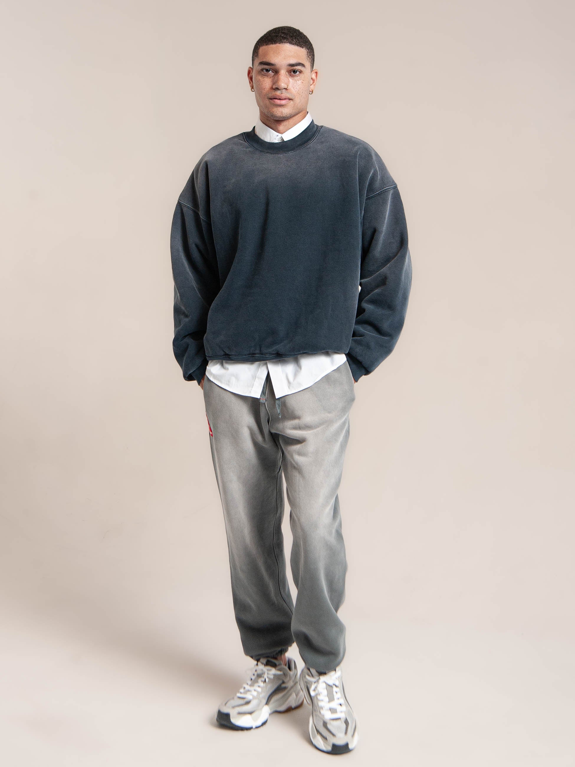 Male Model wears Publik Brand Double Layered Sweatshirt Crewneck College Navy Heavyweight Fleece, all made in USA