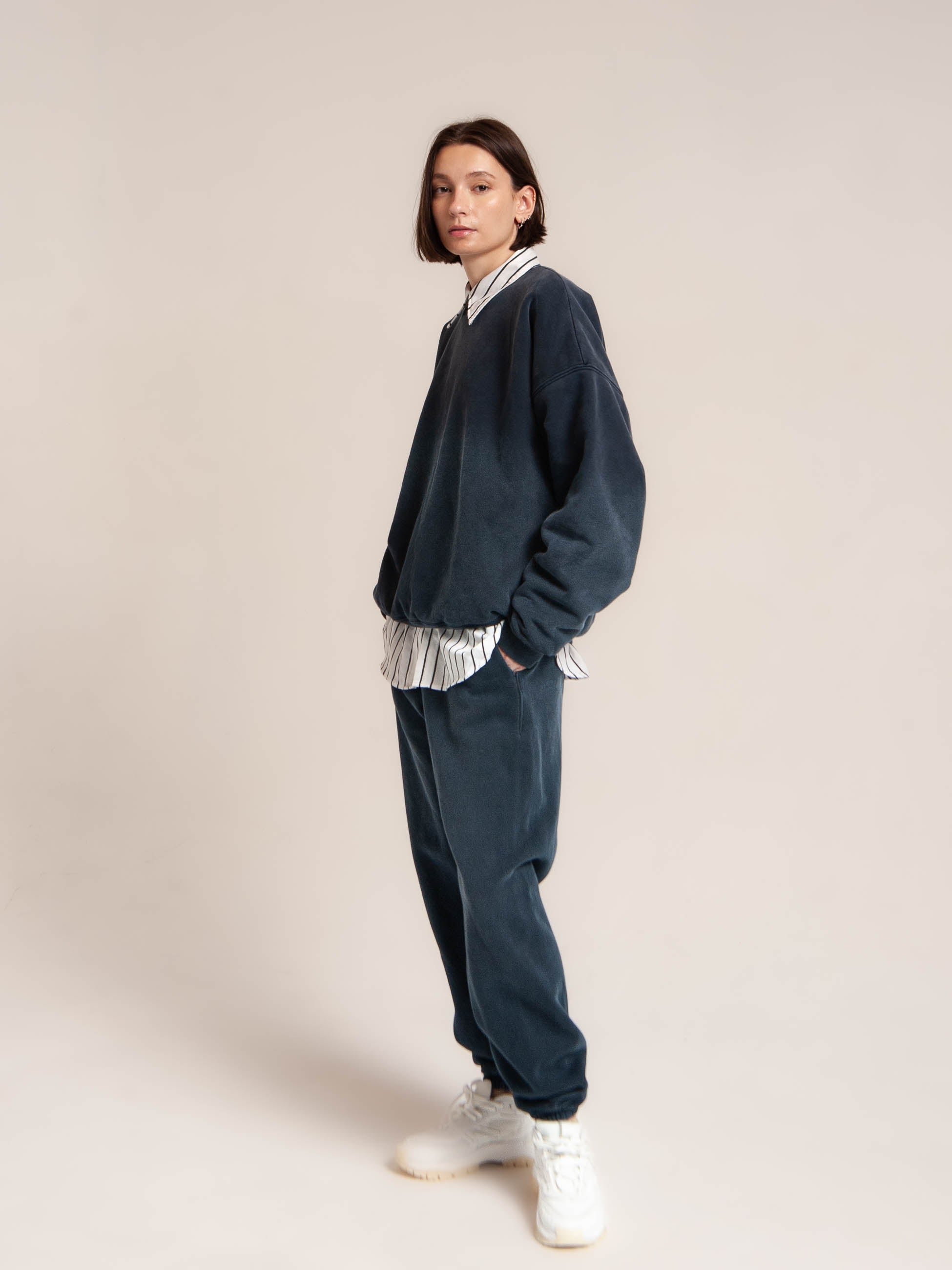 female model wears Publik Brand Double Layered Sweatshirt Crewneck College Navy Heavyweight Fleece, all made in USA