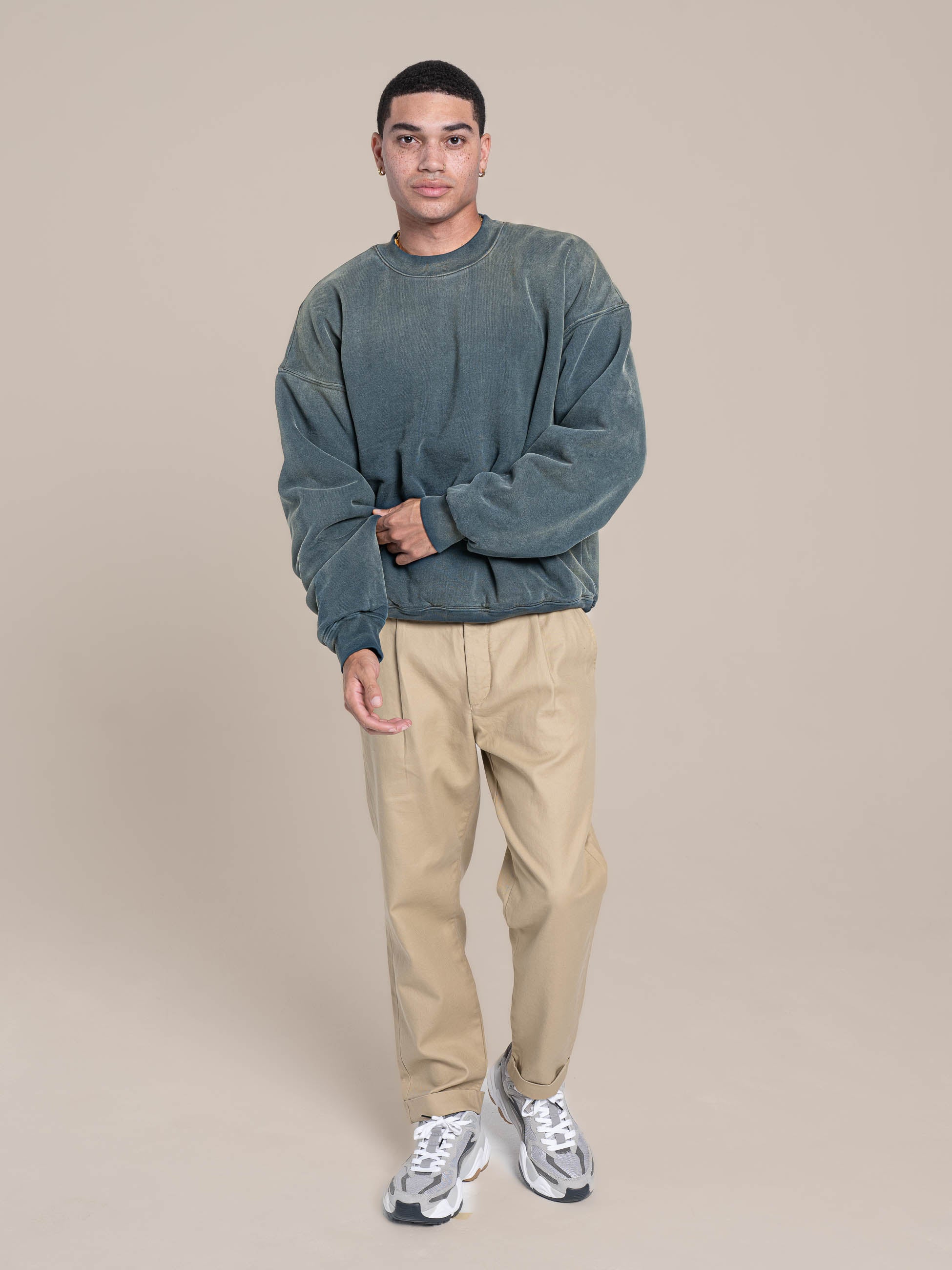 male model wears Publik Brand Double Layered Sweatshirt Crewneck Indigo Heavyweight Fleece, all made in USA