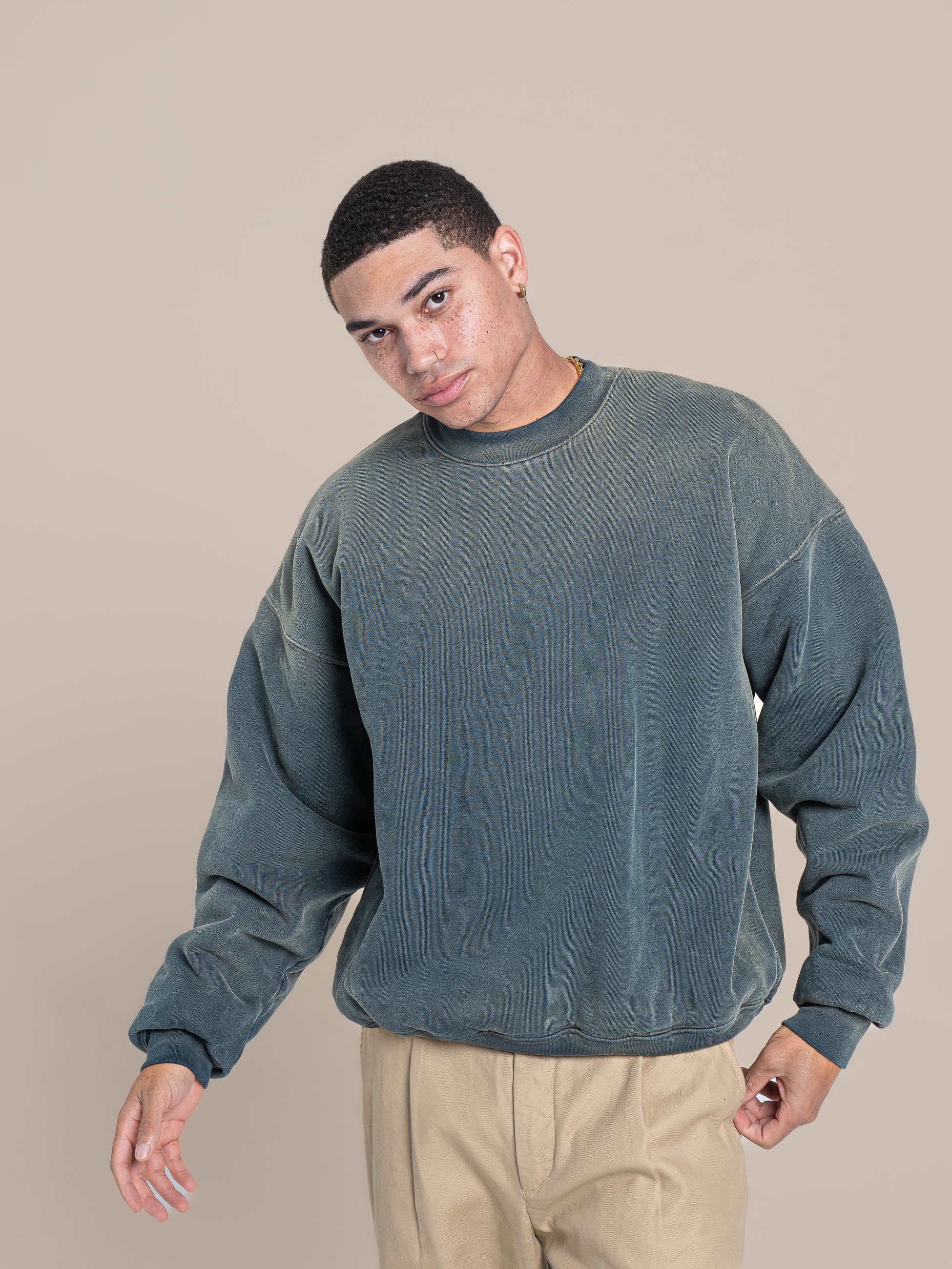 male model wears Publik Brand Double Layered Sweatshirt Crewneck Indigo Heavyweight Fleece, all made in USA