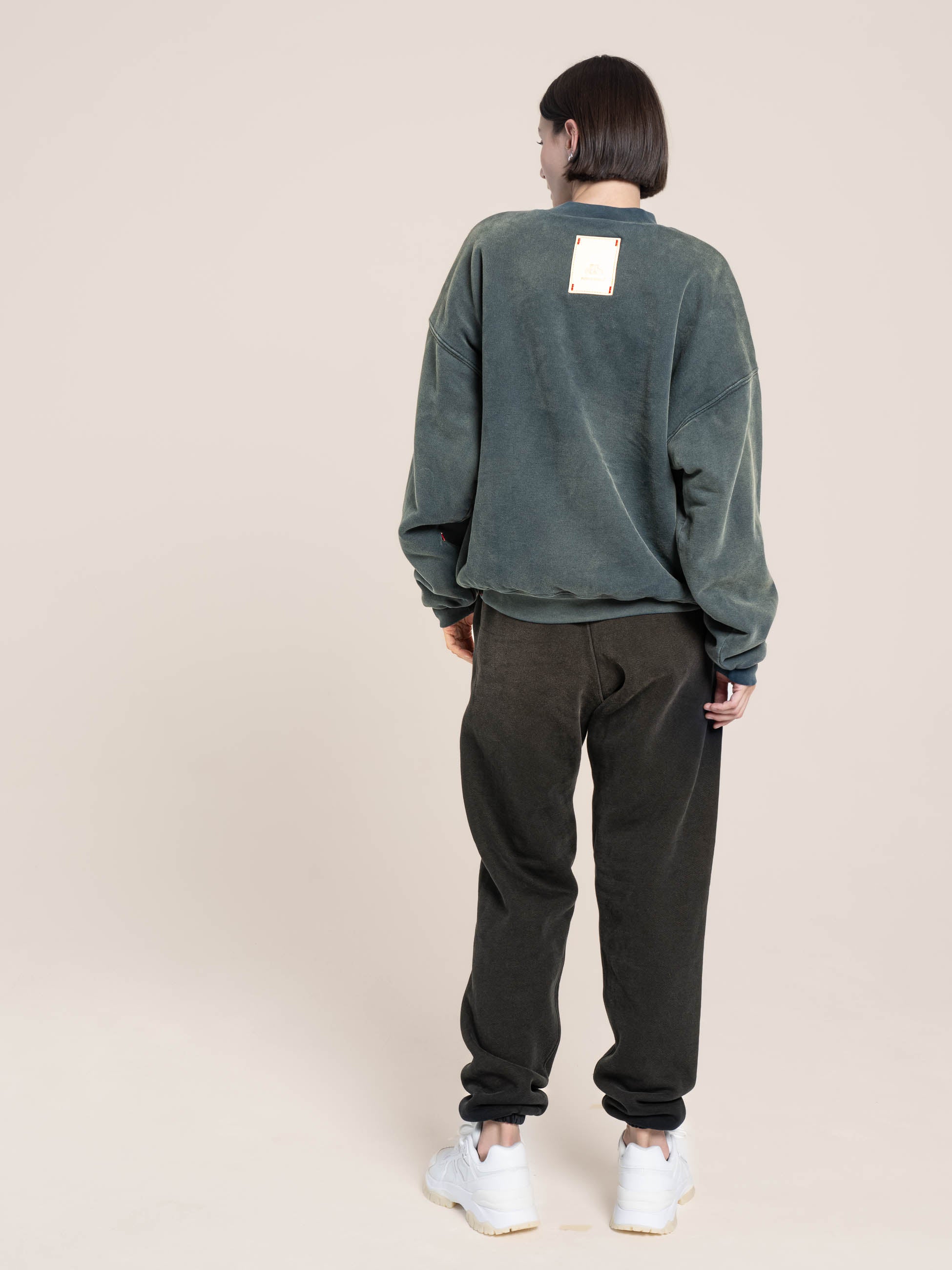 female model wears Publik Brand Double Layered Sweatshirt Crewneck Indigo Heavyweight Fleece, all made in USA