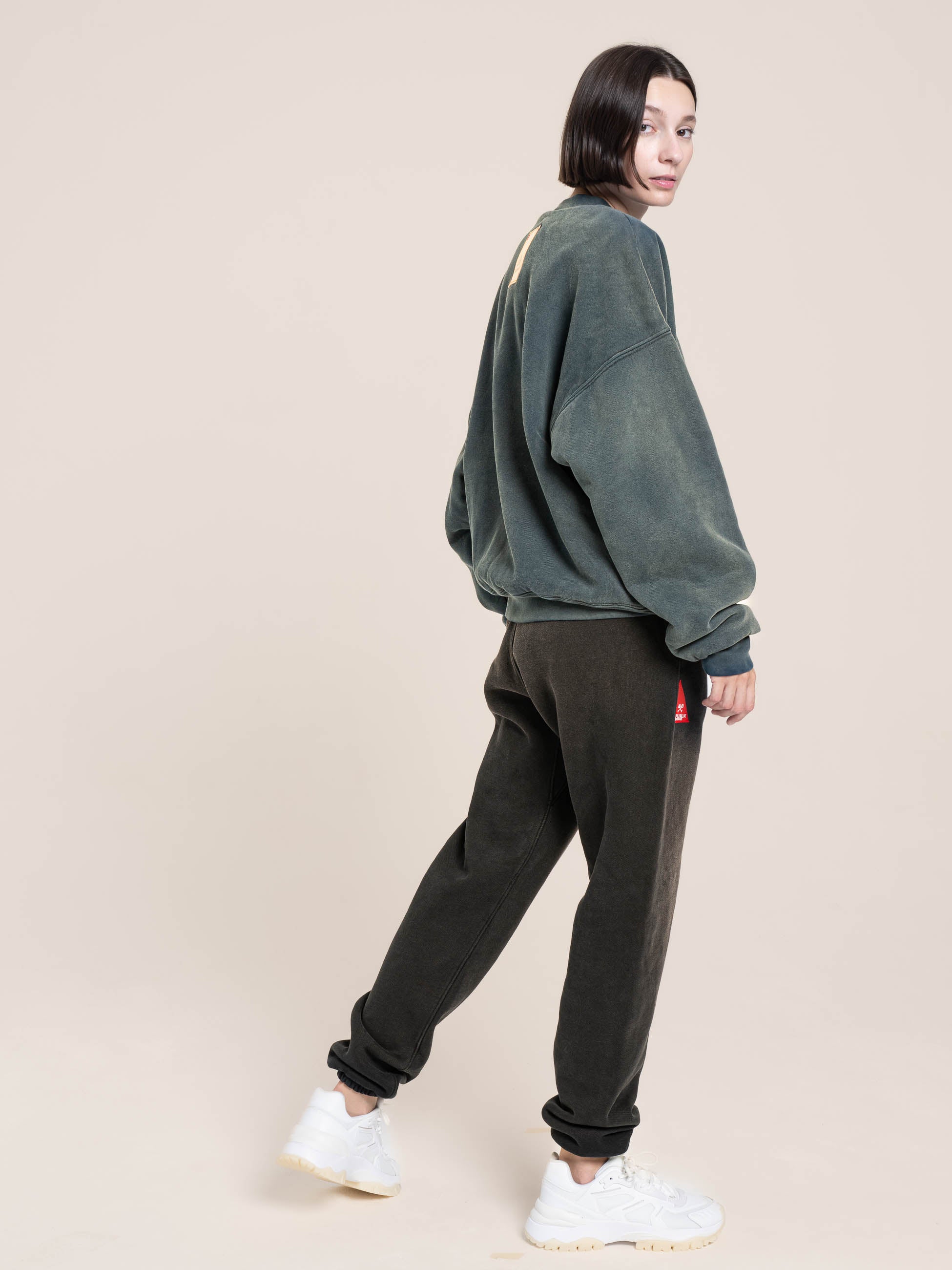 female model wears Publik Brand Double Layered Sweatshirt Crewneck Indigo Heavyweight Fleece, all made in USA