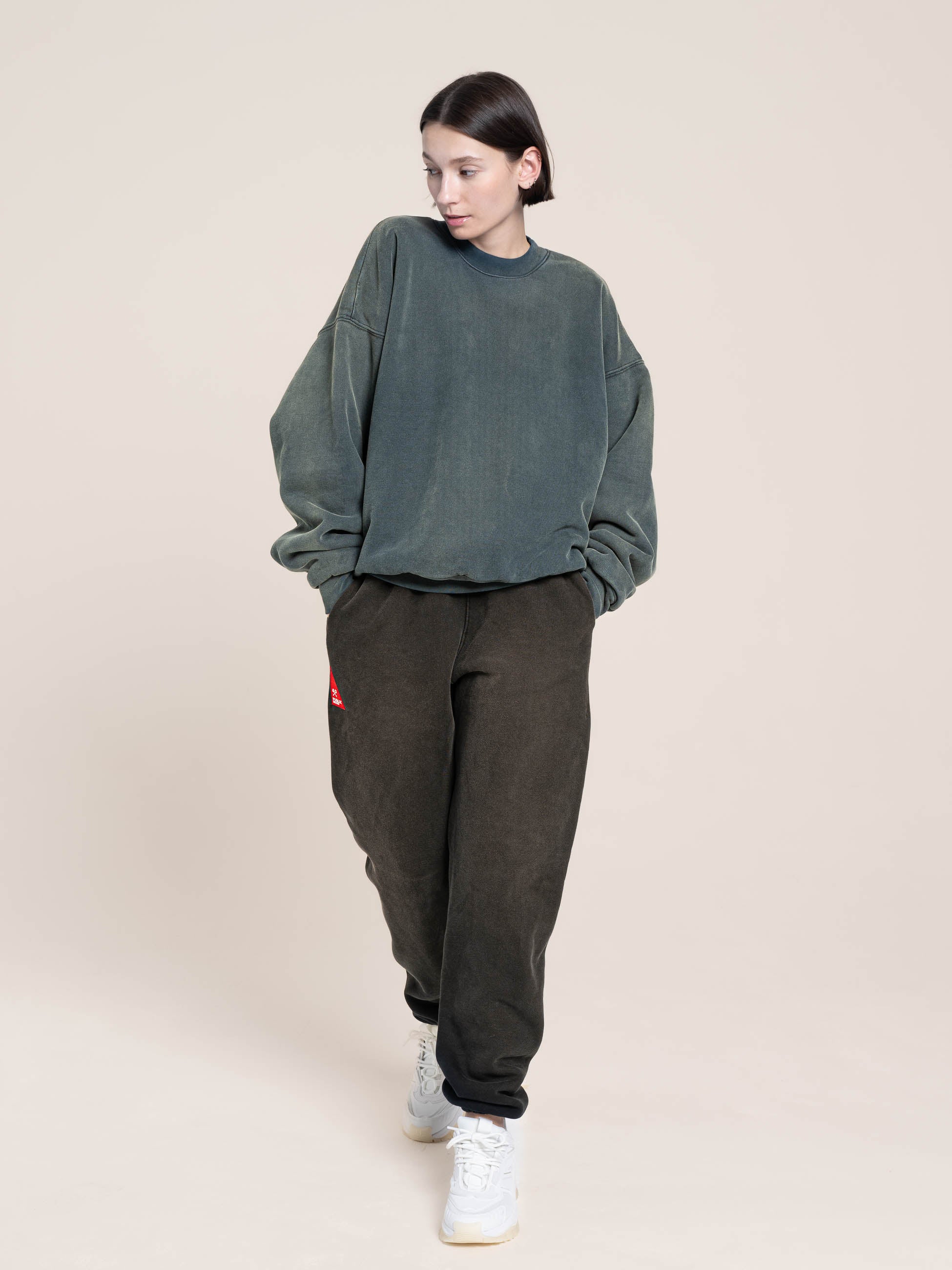 female model wears Publik Brand Double Layered Sweatshirt Crewneck Indigo Heavyweight Fleece, all made in USA