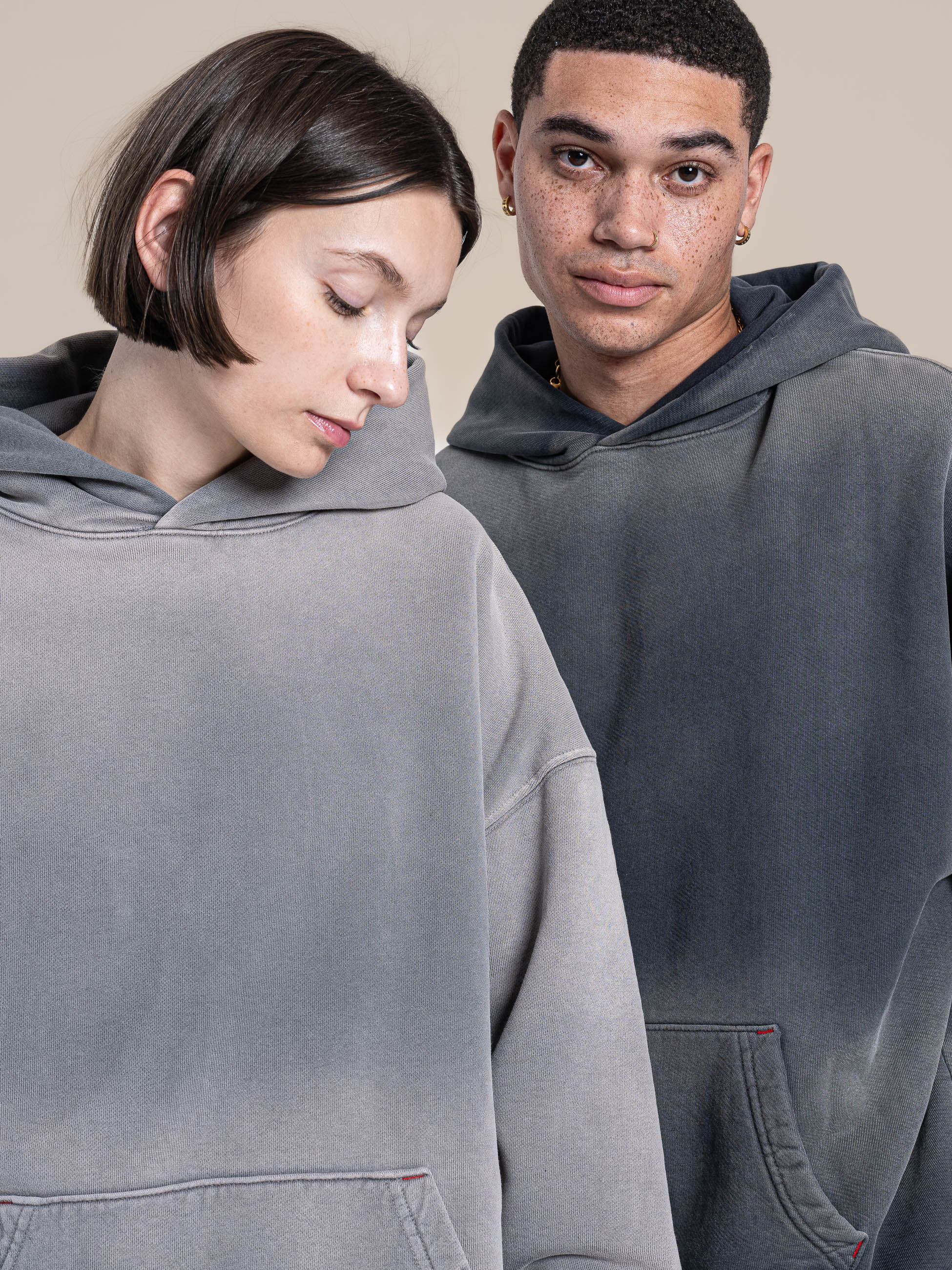 Male and Female Models wear Publik Brand Single Layered Hoodie Heavyweight Fleece, all made in USA
