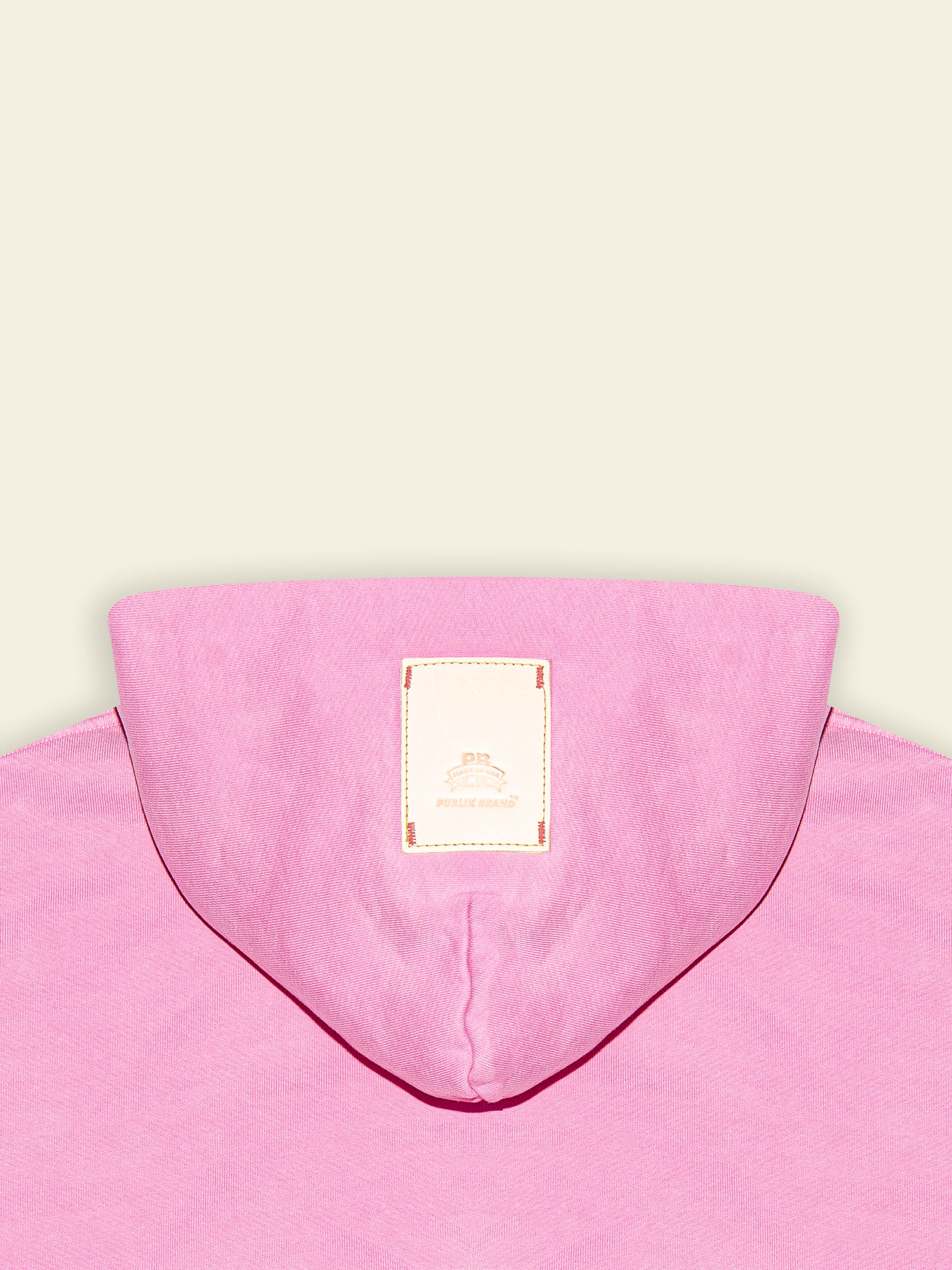 Publik Brand Single Layered Hoodie Hollywood Cerise Pink Heavyweight Fleece, all made in USA, detail of back side