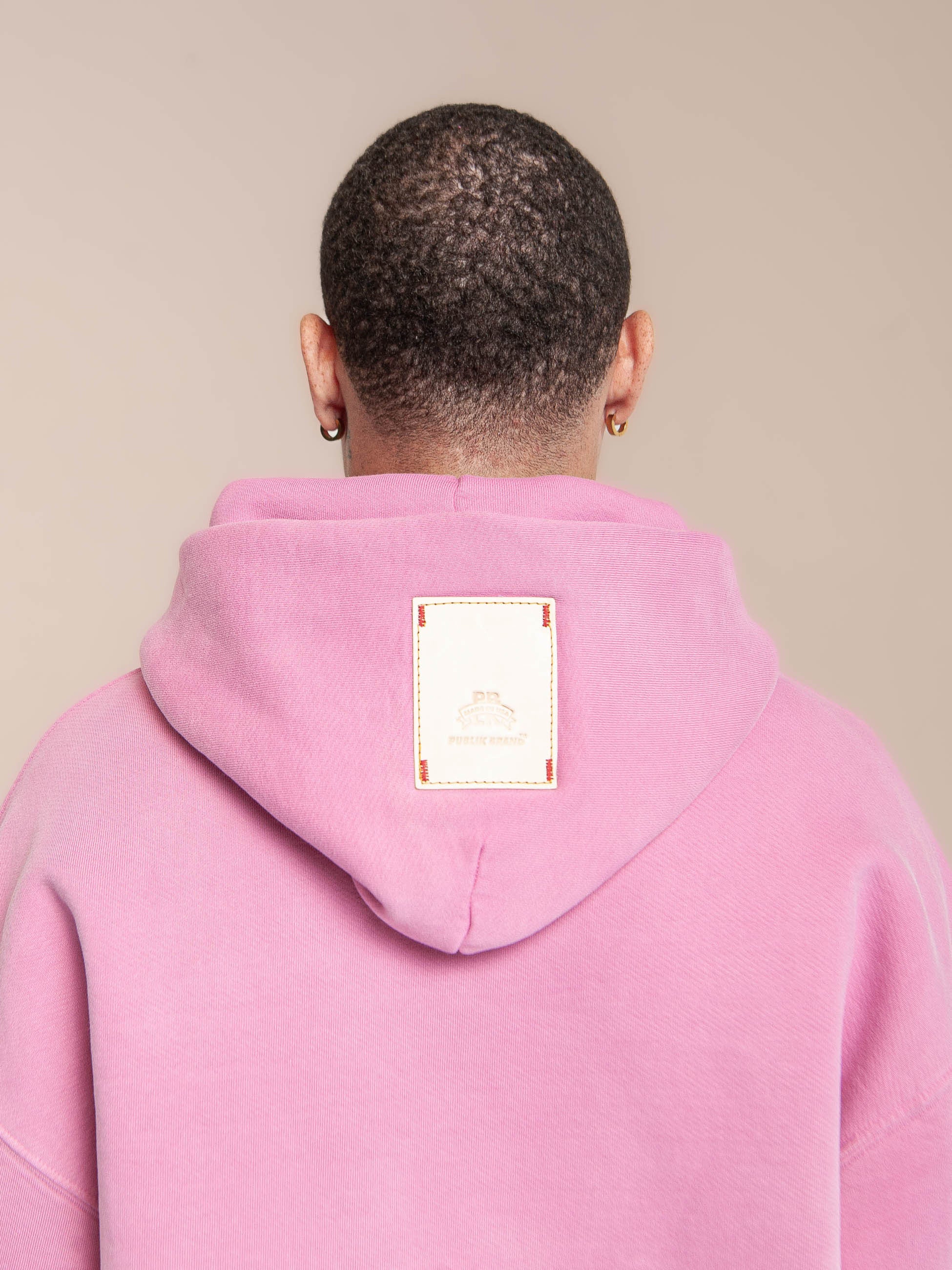 Publik Brand Single Layered Hoodie Hollywood Cerise Pink Heavyweight Fleece, all made in USA, back side detail