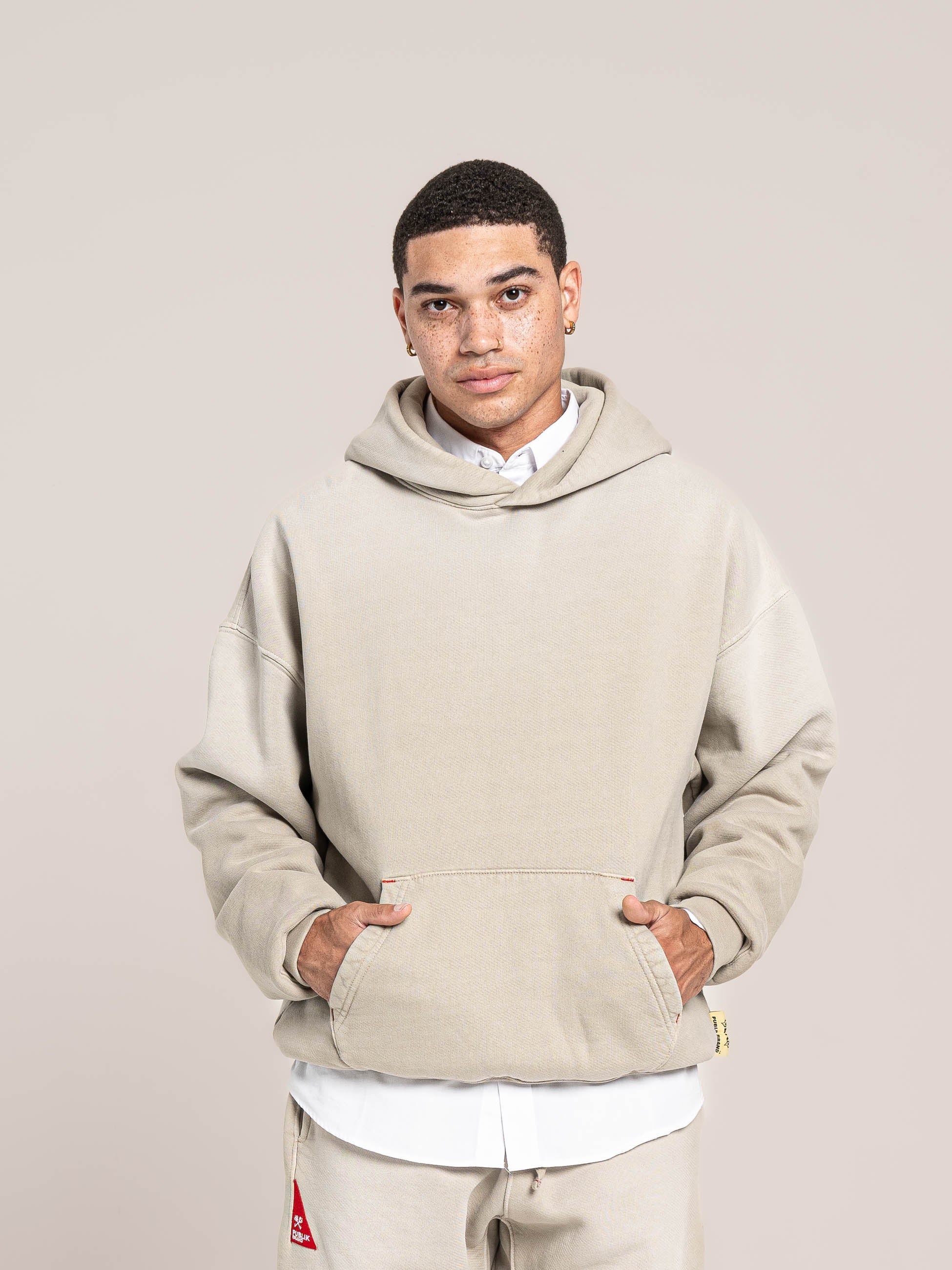 male model waers Publik Brand Single Layered Hoodie Old Wood Heavyweight Fleece, all made in USA