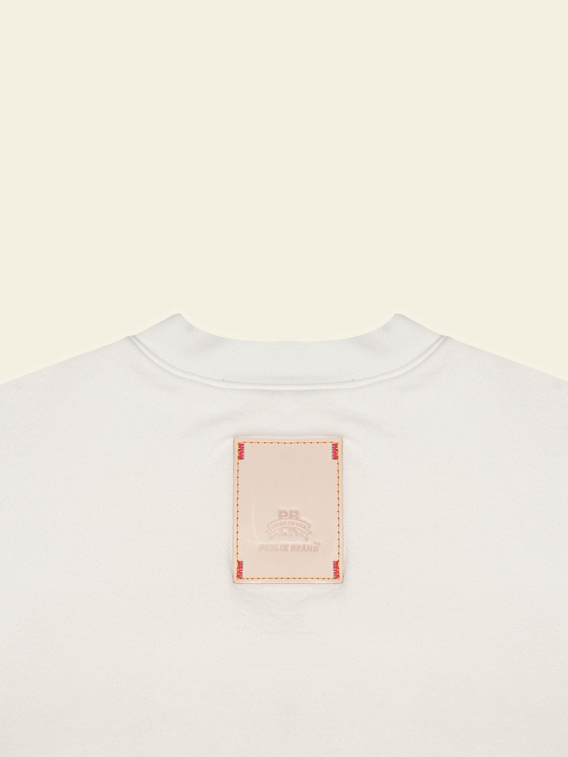 Publik Brand Double Layered Sweatshirt Crewneck Acoustic White Heavyweight Fleece, all made in USA, details of back side