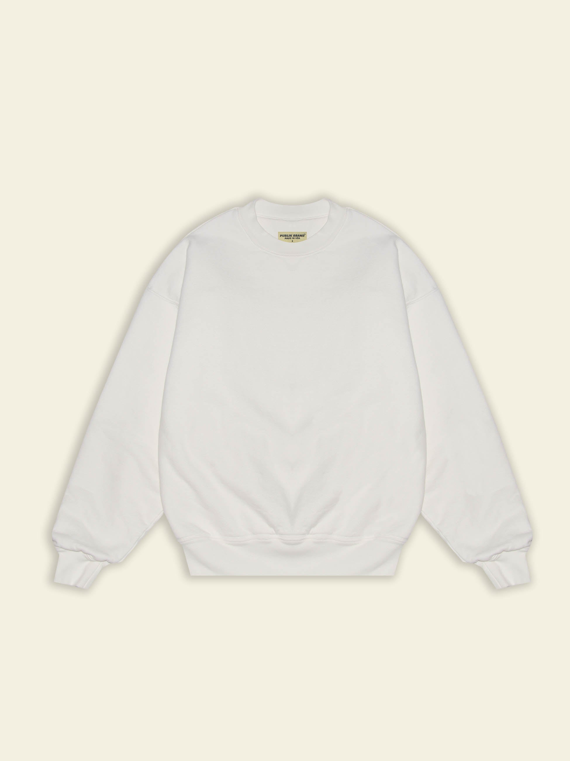 Publik Brand Double Layered Sweatshirt Crewneck Acoustic White Heavyweight Fleece, all made in USA