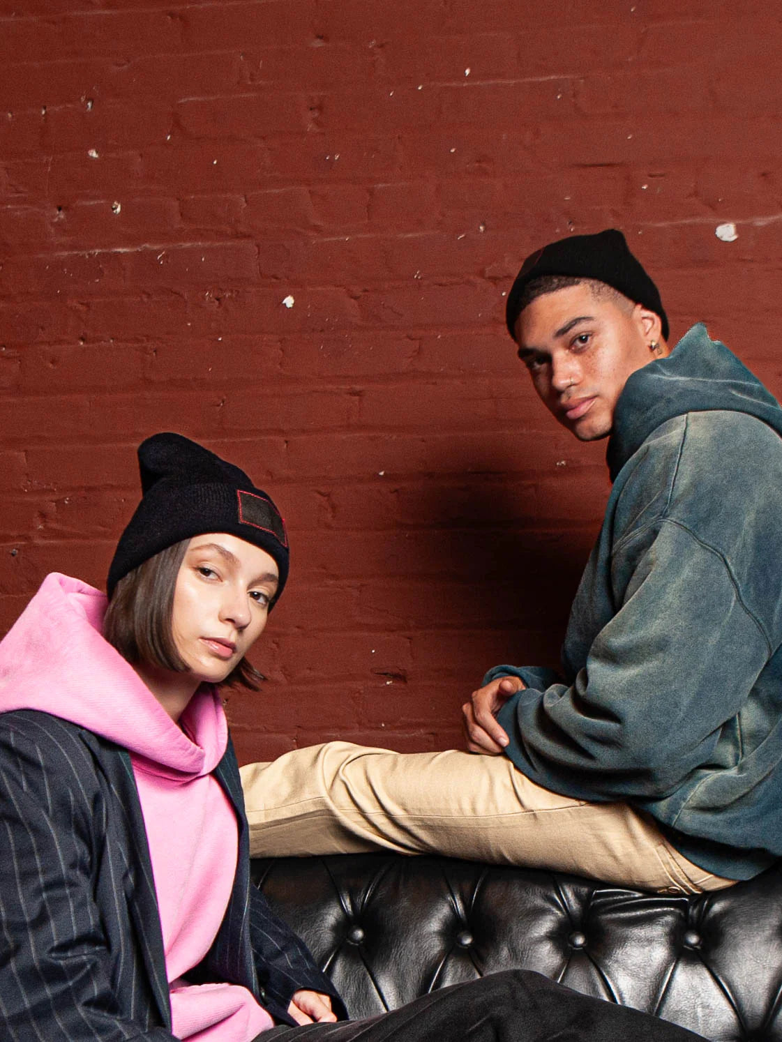 Male and Female Models wears Publik Brand Beanie Yacht Club Black, all made in USA